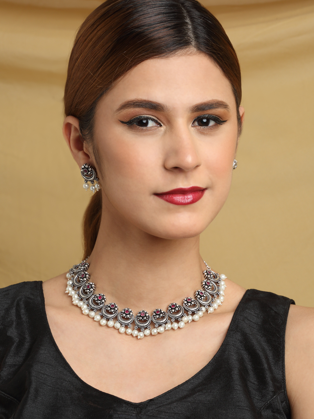 YouBella Jewellery Oxidised Silver Necklace Jewellery Set with Earrings for Girls and Women (Silver) (YBNK_50526)